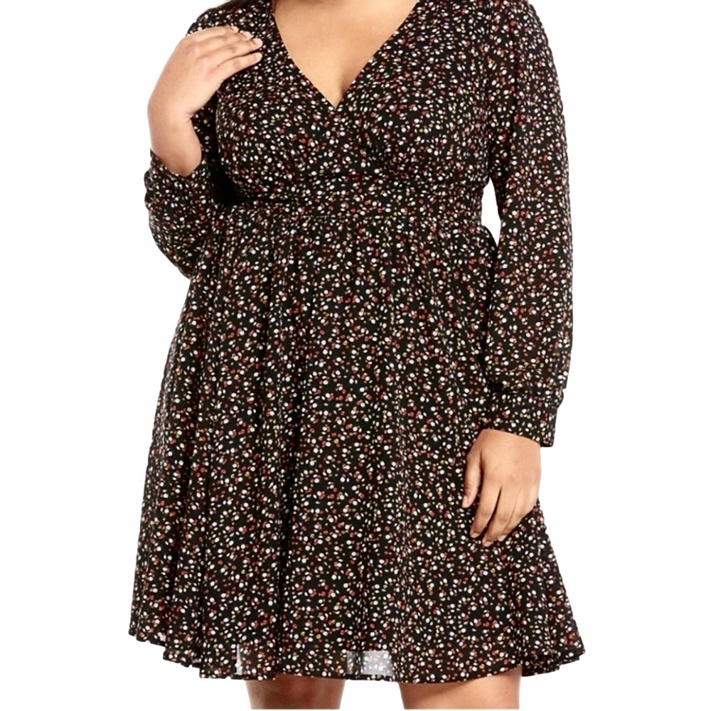 Torrid Georgette Black Floral Size 24 Dress Long Sleeve Deep V Fit Flare NEW - Picture 3 of 14